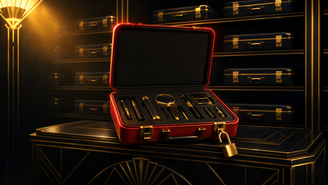 A red hard case kit stands open on a dark Art Deco console, its foam tray fitted with gold trimmed tools. A gold padlock hangs unlocked from the latch. Rows of closed navy cases with gold trim recede into shadow behind it.
