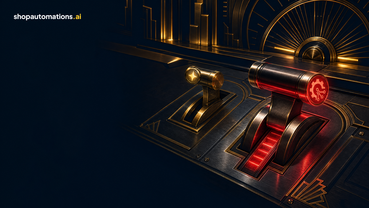 Two control levers on an art-deco console: a gold spark lever for Shopify Magic and a red-glowing gear lever for an installed AI agent.