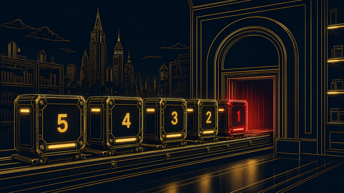 Five numbered automation units sliding into a glowing online storefront on a dark navy field, gold cinematic linework, the first unit marked in red to signal where to start.