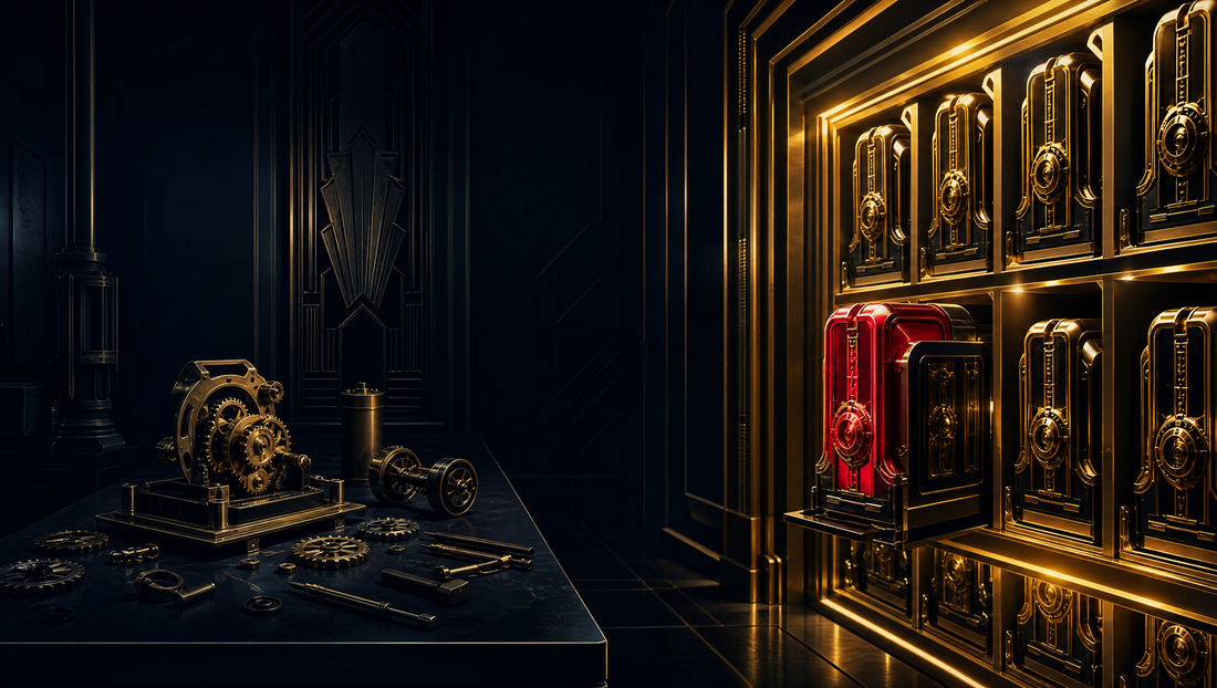 A dark Art Deco workshop. On the left a cold bench holds a half built brass mechanism with loose gears and hand tools. On the right a lit wall of gold trimmed cabinets, one unit finished in red and pulled forward, ready to be taken.