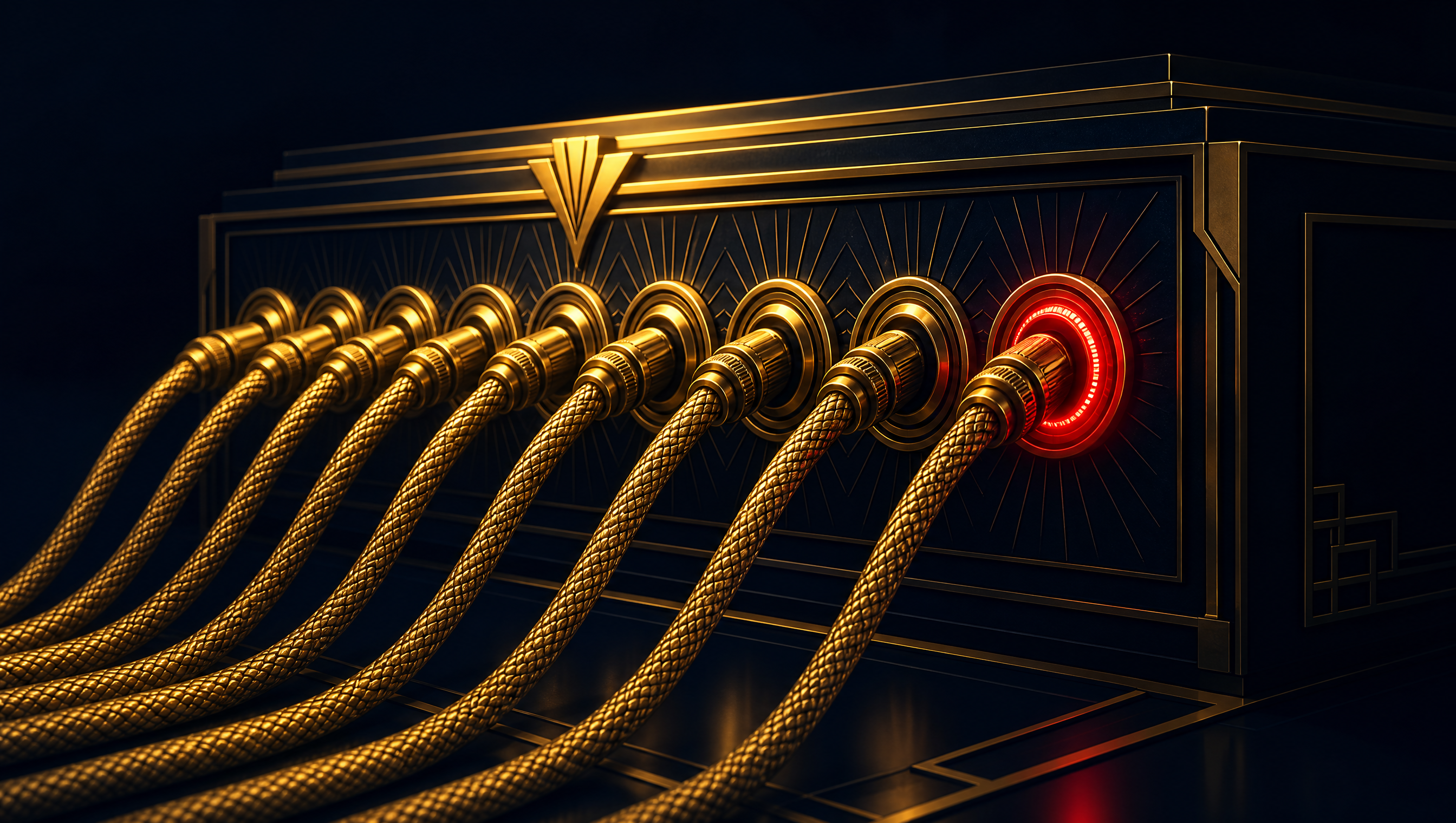 A dark Art Deco console panel with a row of round gold ports. Every port has a heavy braided gold cable seated and locked home, and the final port ring glows red where the last connection sits.