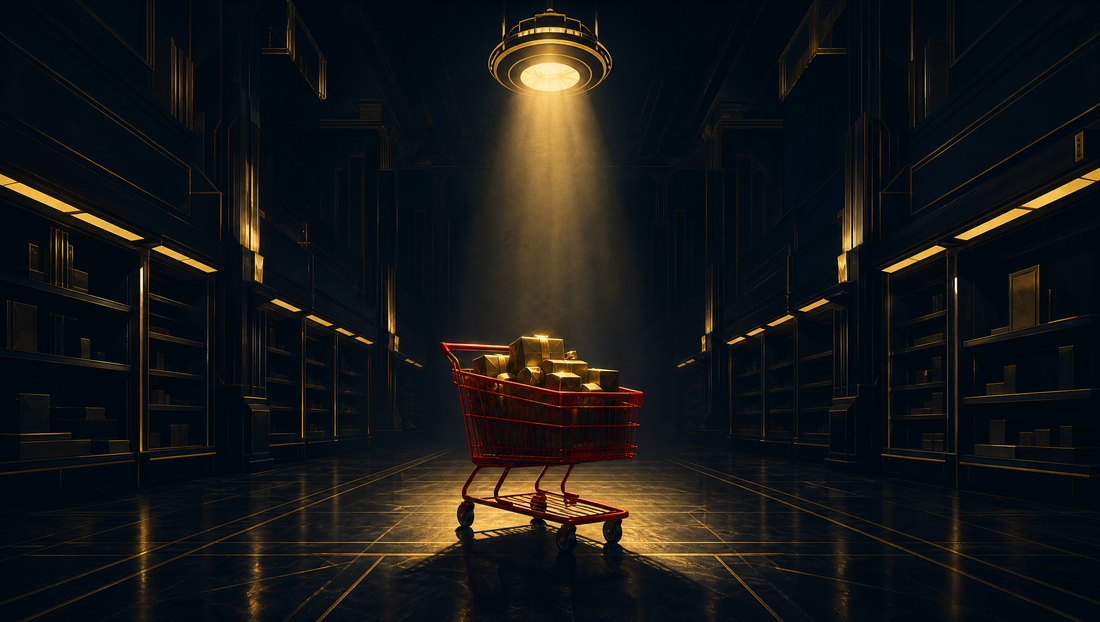 A vast empty Art Deco retail hall at night. A single red shopping cart loaded with gold wrapped parcels stands abandoned in the middle of the aisle under one overhead spotlight, with dark gold trimmed shelving receding into shadow on both sides.