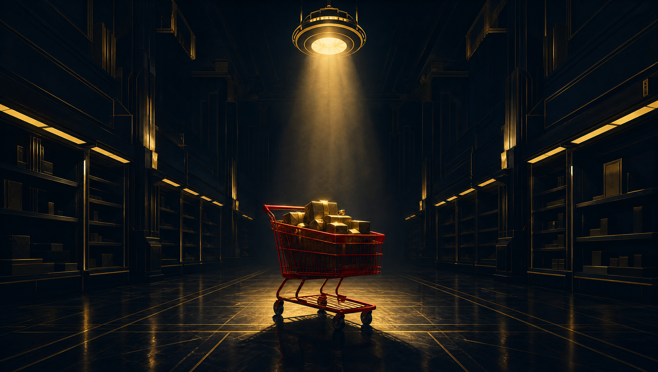 A vast empty Art Deco retail hall at night. A single red shopping cart loaded with gold wrapped parcels stands abandoned in the middle of the aisle under one overhead spotlight, with dark gold trimmed shelving receding into shadow on both sides.