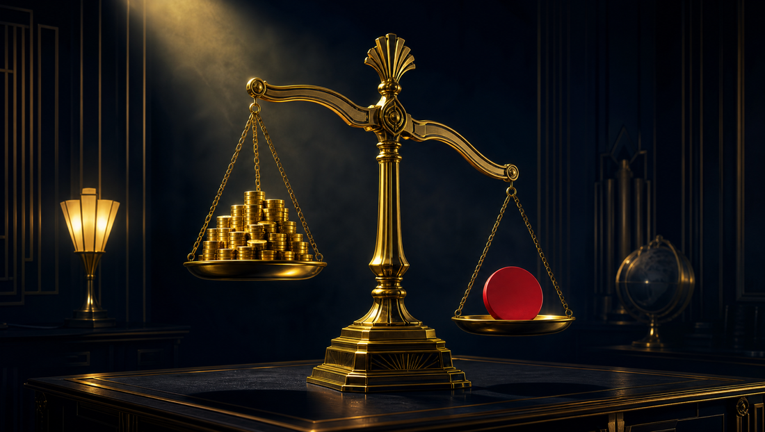 An ornate gold balance scale on a dark desk. One pan is heaped with many small gold discs. The other pan holds a single large red disc that tips the beam down, outweighing all of them.