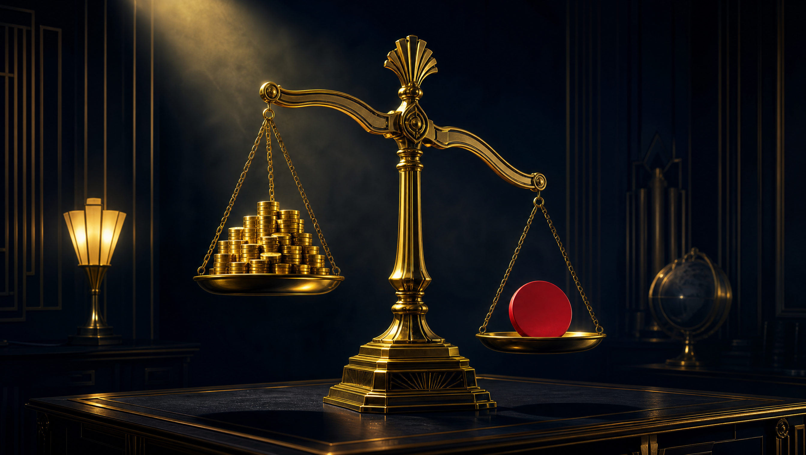 An ornate gold balance scale on a dark desk. One pan is heaped with many small gold discs. The other pan holds a single large red disc that tips the beam down, outweighing all of them.