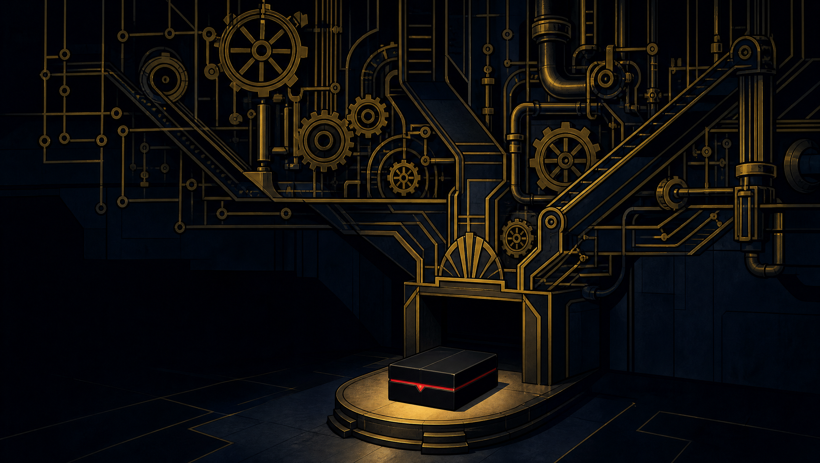 A towering wall of elaborate gold machinery dispensing one finished automation kit, its seam highlighted in red as the simple install-ready option.