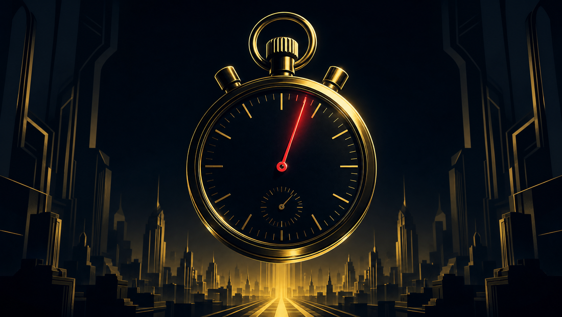 A gold-lit stopwatch above a glowing city pipeline, its red second hand sweeping past the two-minute mark, symbolizing the window of time to respond to a new lead.