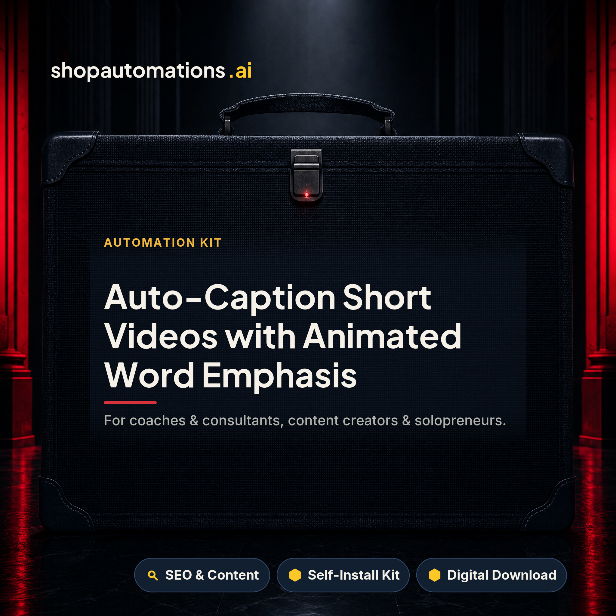 Auto-Caption Short Videos with Animated Word Emphasis. For coaches & consultants, content creators & solopreneurs. SEO & Content self-install kit card.