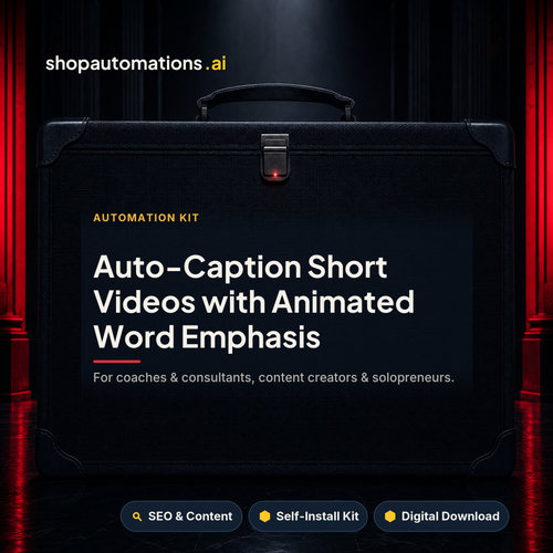 Auto-Caption Short Videos with Animated Word Emphasis. For coaches & consultants, content creators & solopreneurs. SEO & Content self-install kit card.