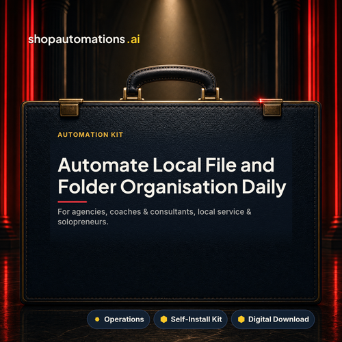 Automate Local File and Folder Organisation Daily. For agencies, coaches & consultants, local service & solopreneurs. Operations self-install kit card.