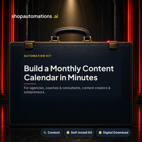 Build a Monthly Content Calendar in Minutes. For agencies, coaches & consultants, content creators & solopreneurs. Content self-install kit card.