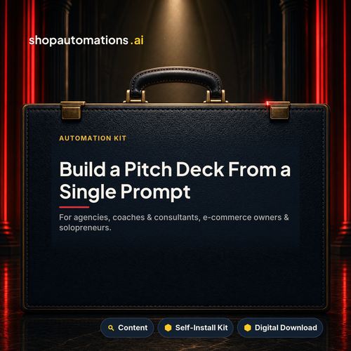 Build a Pitch Deck From a Single Prompt. For agencies, coaches & consultants, e-commerce owners & solopreneurs. Content self-install kit card.