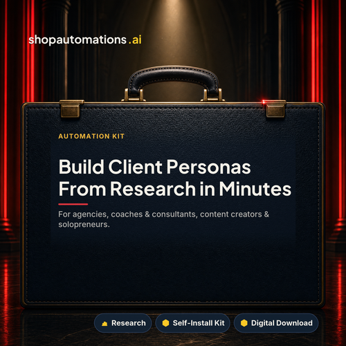 Build Client Personas From Research in Minutes. For agencies, coaches & consultants, content creators & solopreneurs. Research self-install kit card.