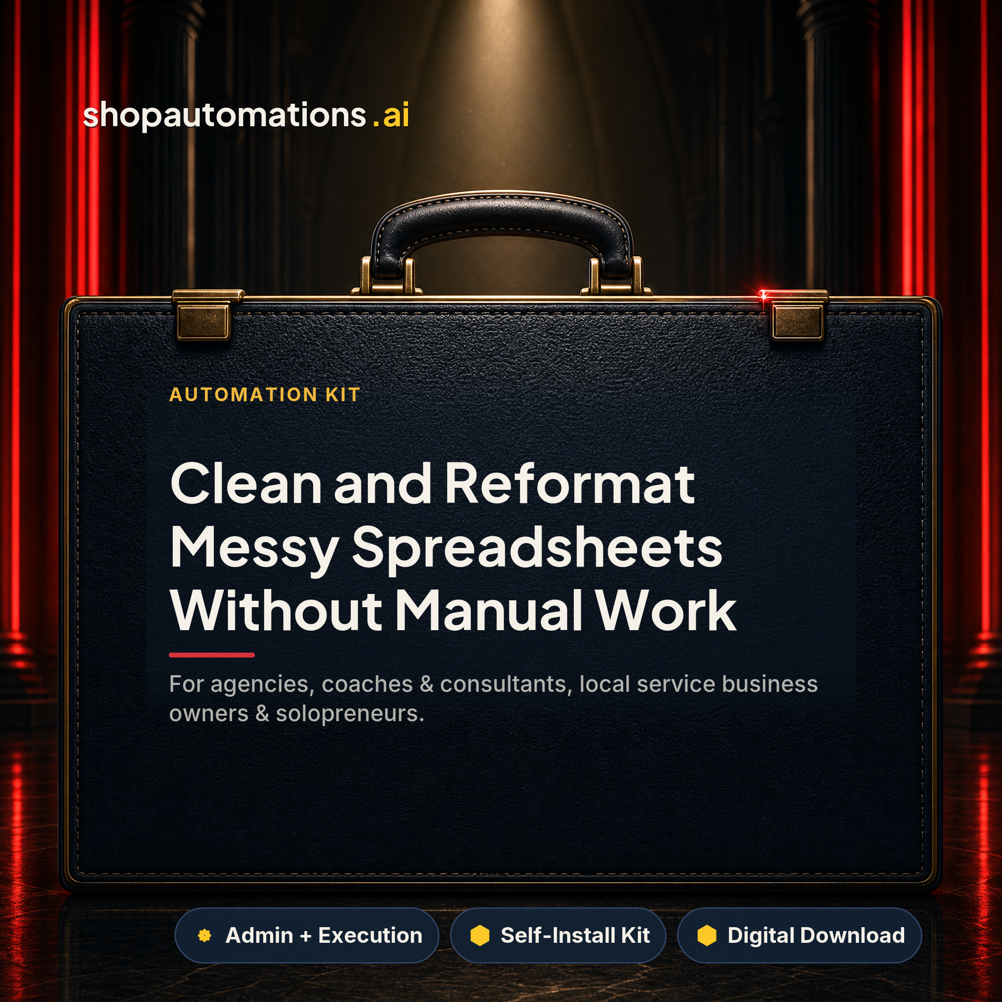 Clean and Reformat Messy Spreadsheets Without Manual Work. For agencies, coaches & consultants, local service business owners & solopreneurs. Admin + Execution self-install kit card.