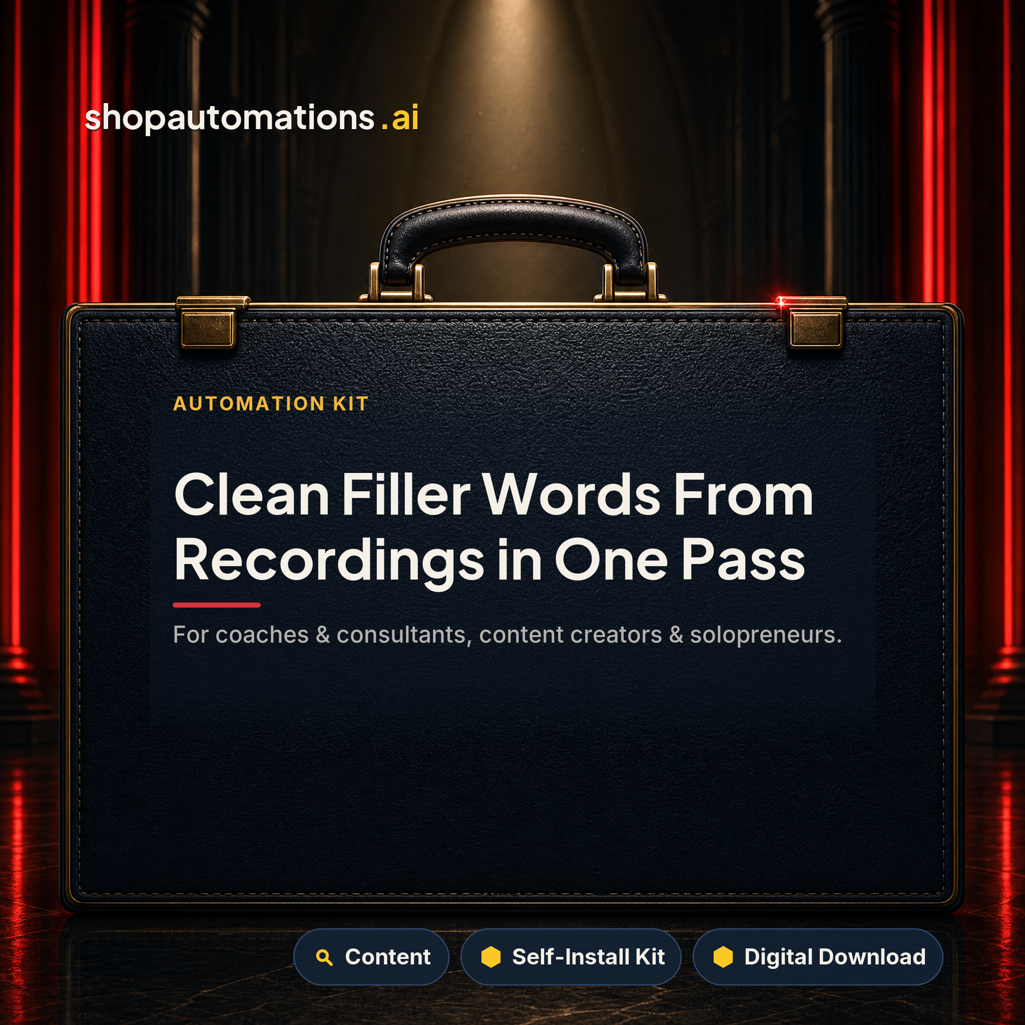 Clean Filler Words From Recordings in One Pass. For coaches & consultants, content creators & solopreneurs. Content self-install kit card.