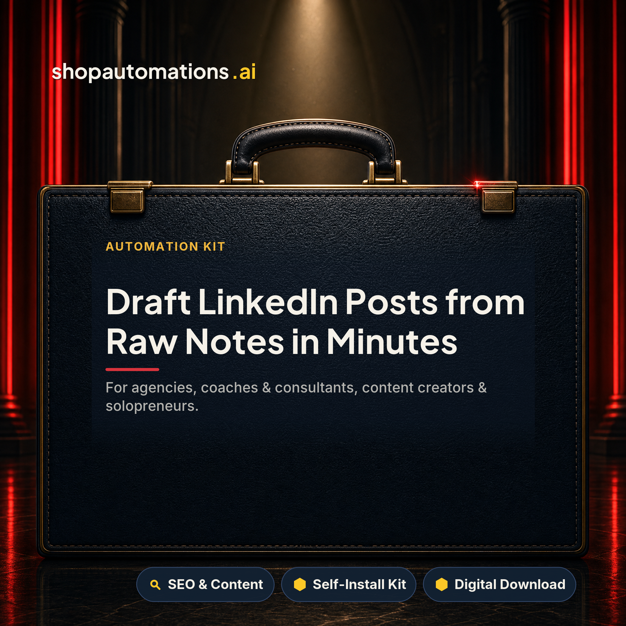 Draft LinkedIn Posts from Raw Notes in Minutes. For agencies, coaches & consultants, content creators & solopreneurs. SEO & Content self-install kit card.