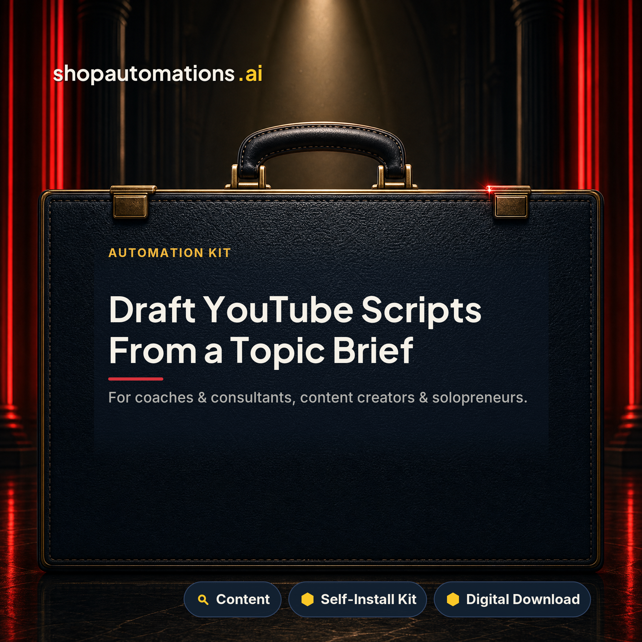 Draft YouTube Scripts From a Topic Brief. For coaches & consultants, content creators & solopreneurs. Content self-install kit card.