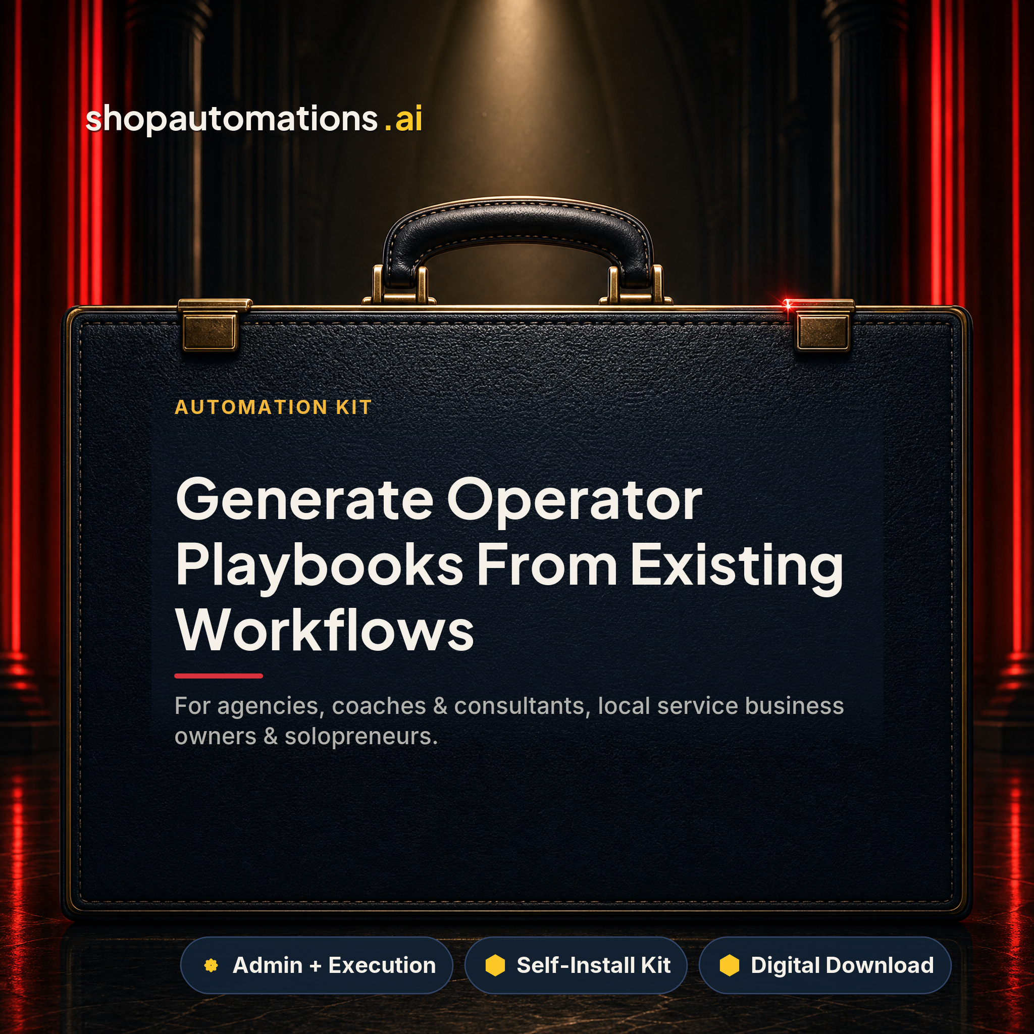 Generate Operator Playbooks From Existing Workflows. For agencies, coaches & consultants, local service business owners & solopreneurs. Admin + Execution self-install kit card.