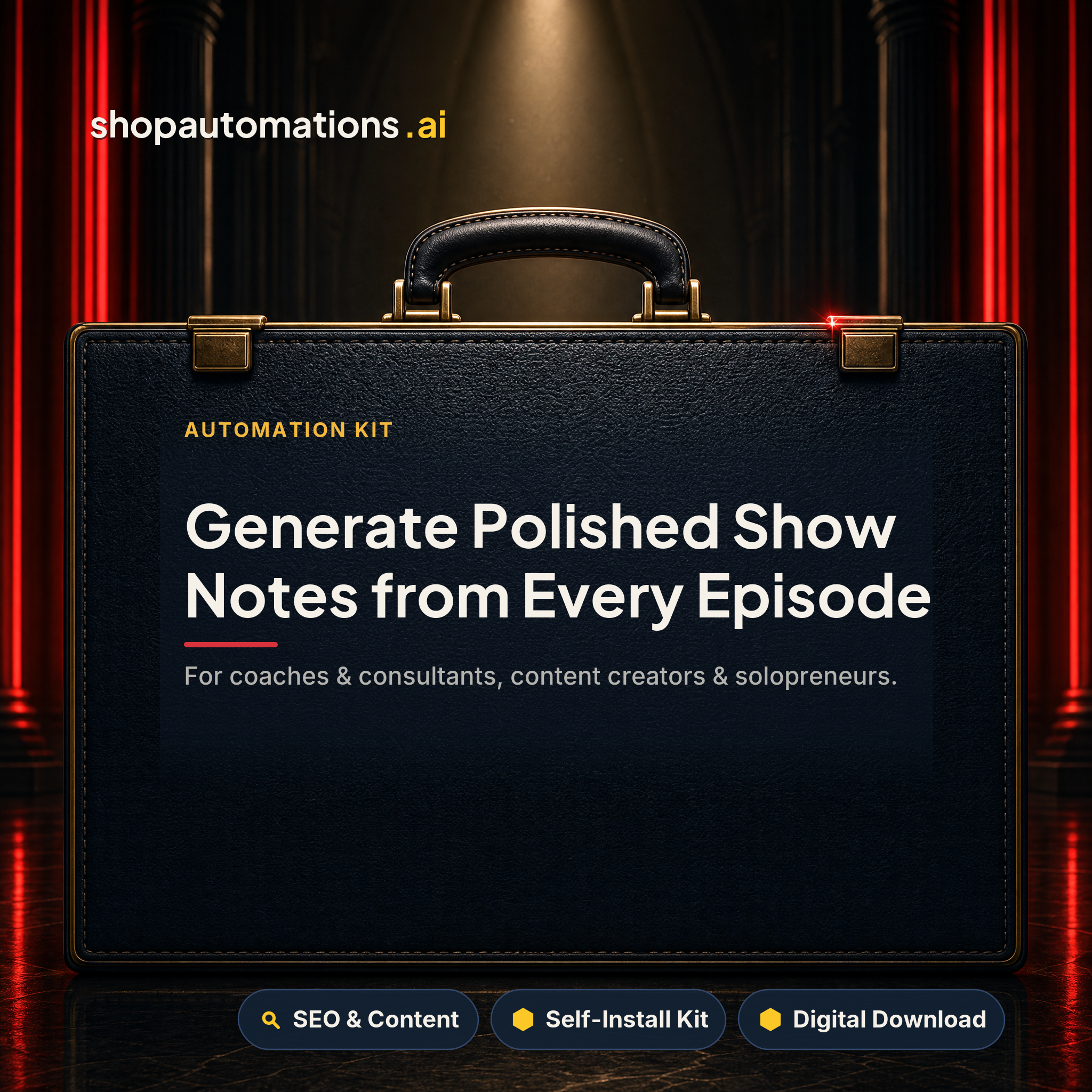 Generate Polished Show Notes from Every Episode. For coaches & consultants, content creators & solopreneurs. SEO & Content self-install kit card.