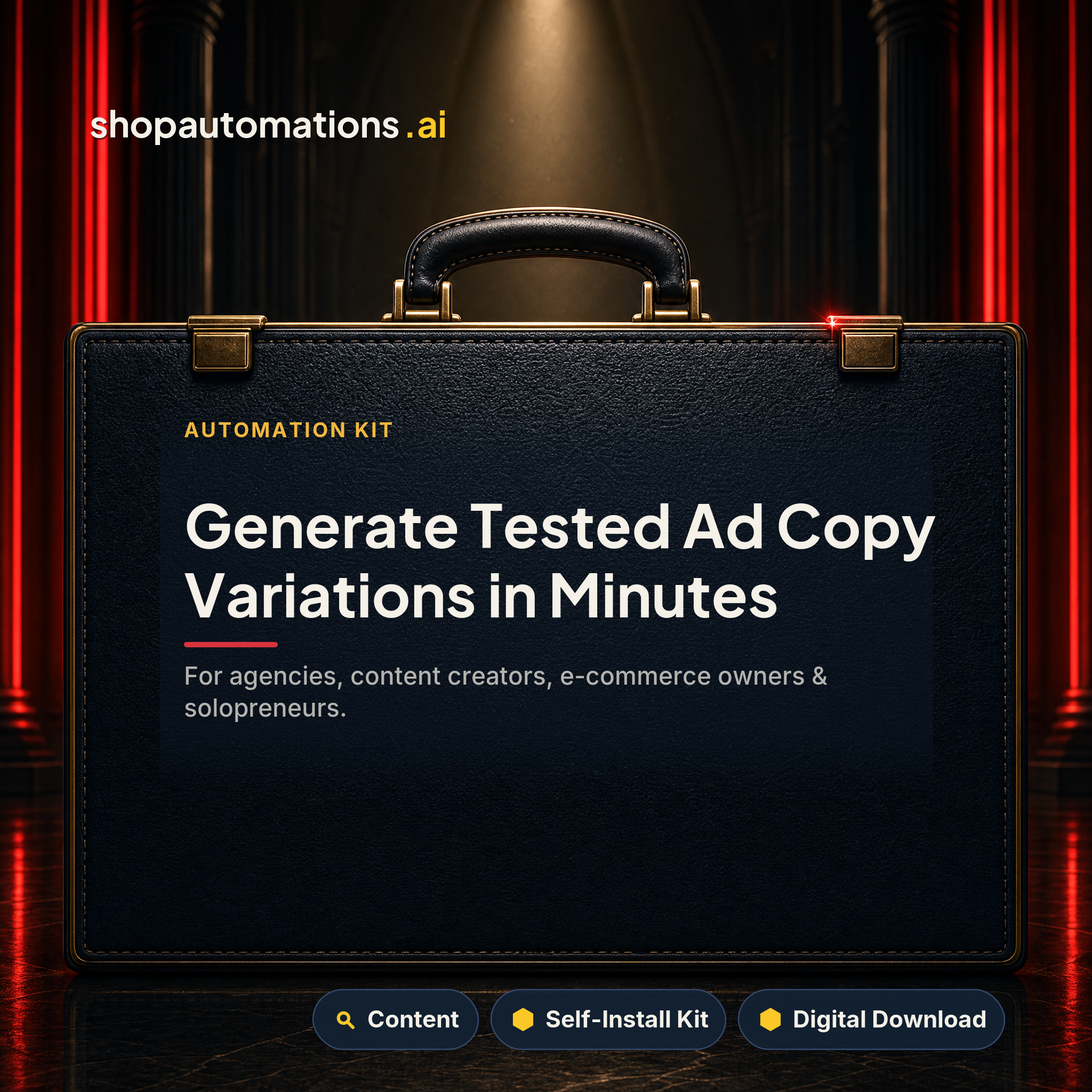 Generate Tested Ad Copy Variations in Minutes. For agencies, content creators, e-commerce owners & solopreneurs. Content self-install kit card.