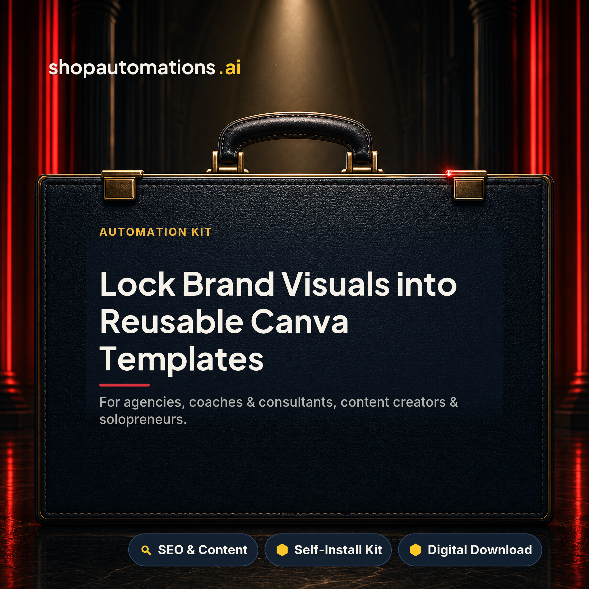 Lock Brand Visuals into Reusable Canva Templates. For agencies, coaches & consultants, content creators & solopreneurs. SEO & Content self-install kit card.