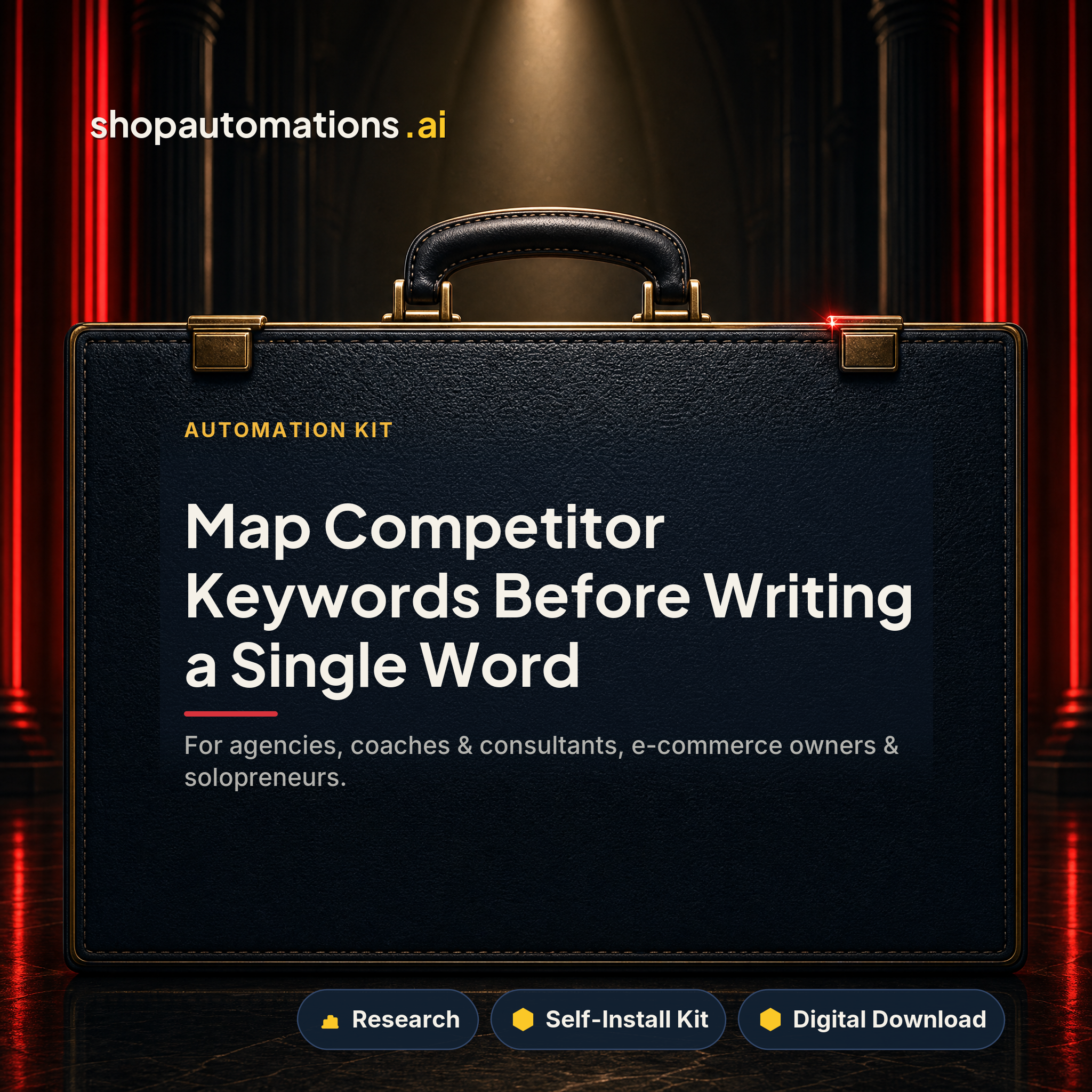 Map Competitor Keywords Before Writing a Single Word. For agencies, coaches & consultants, e-commerce owners & solopreneurs. Research self-install kit card.
