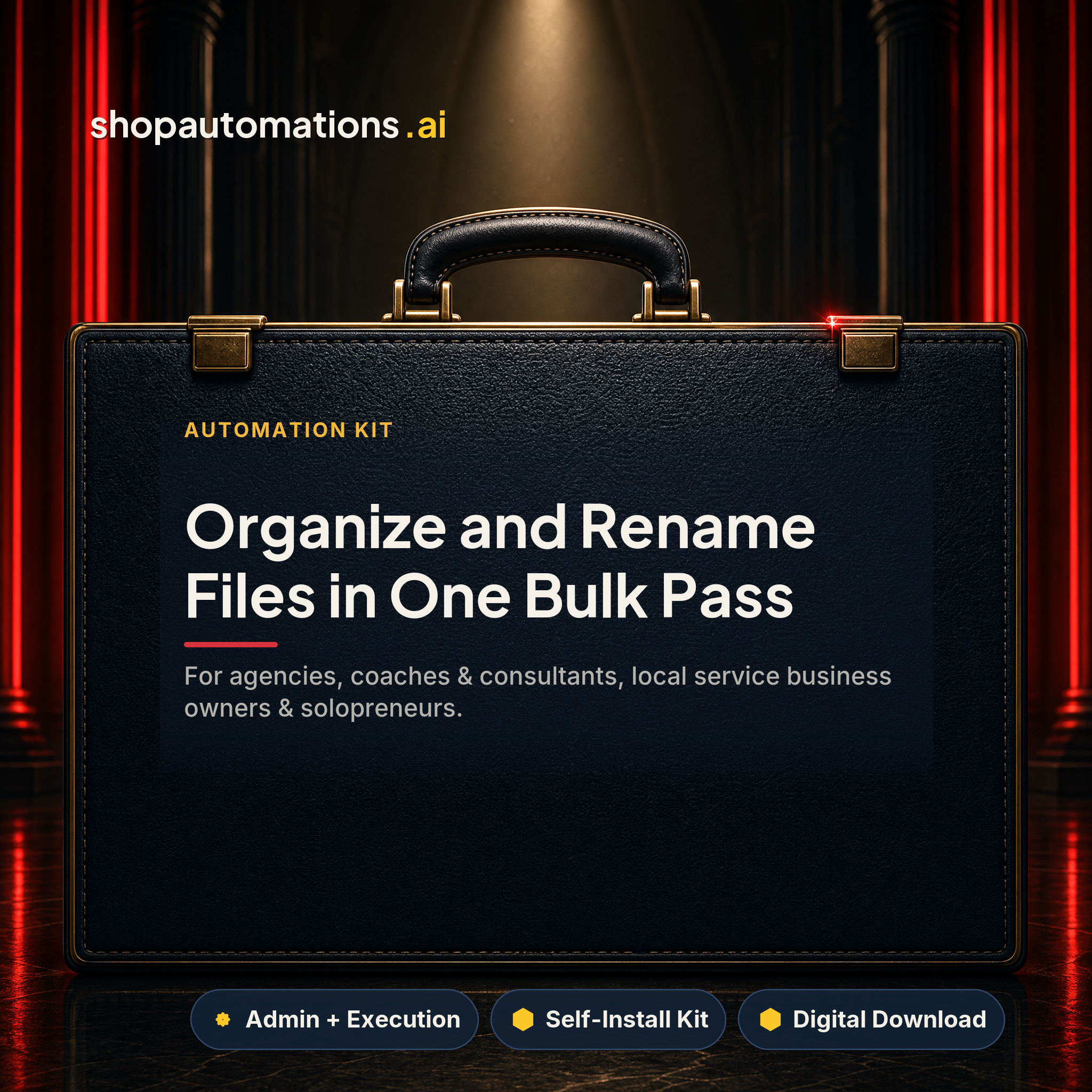 Organize and Rename Files in One Bulk Pass. For agencies, coaches & consultants, local service business owners & solopreneurs. Admin + Execution self-install kit card.