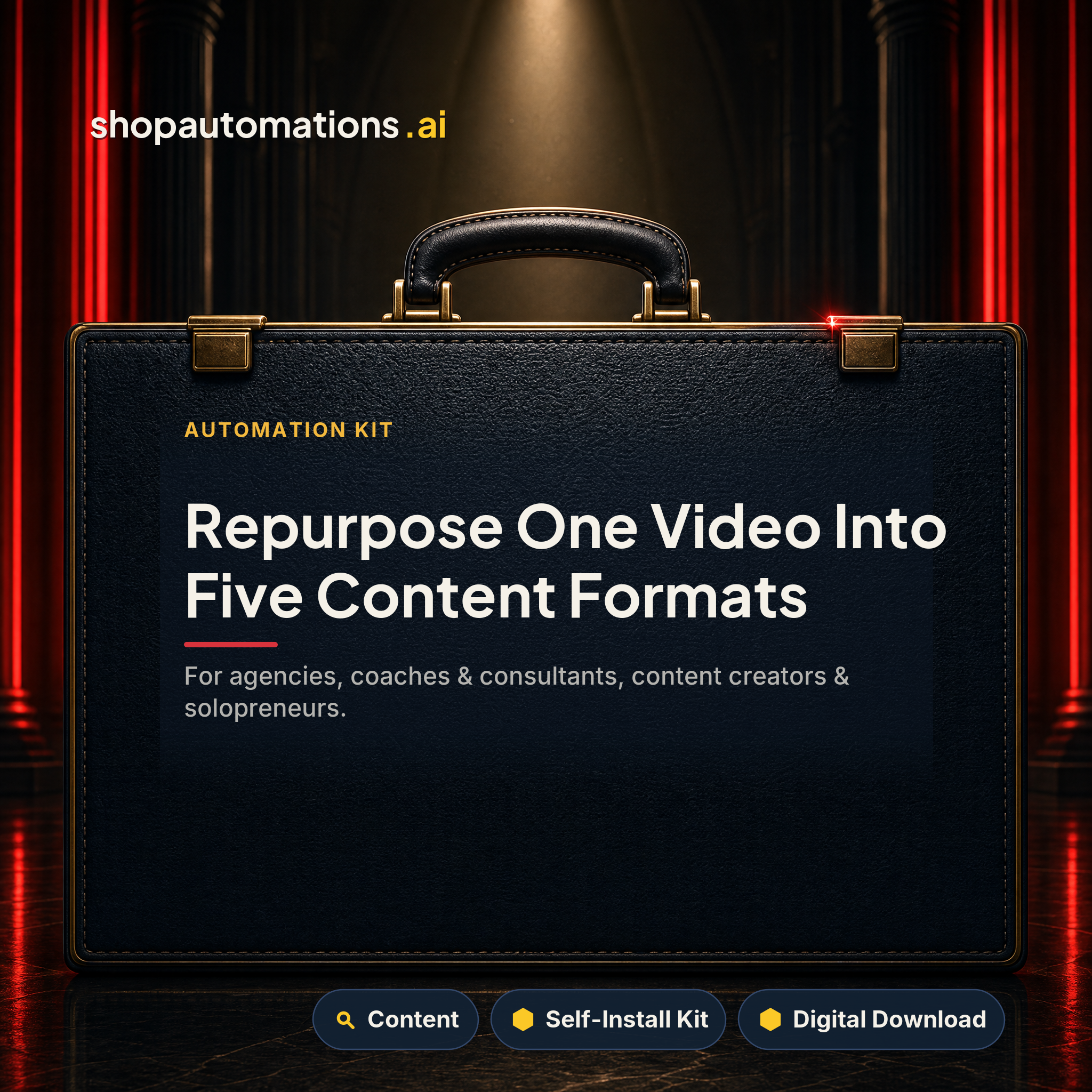 Repurpose One Video Into Five Content Formats. For agencies, coaches & consultants, content creators & solopreneurs. Content self-install kit card.