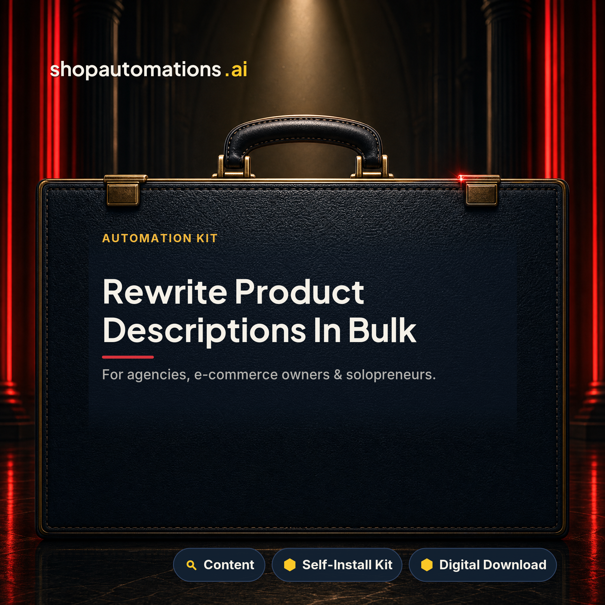 Rewrite Product Descriptions In Bulk. For agencies, e-commerce owners & solopreneurs. Content self-install kit card.