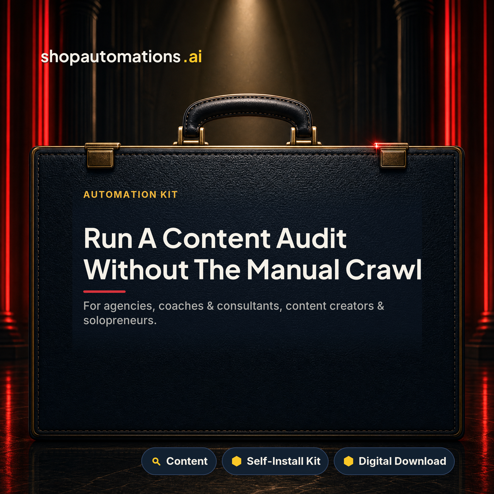Run A Content Audit Without The Manual Crawl. For agencies, coaches & consultants, content creators & solopreneurs. Content self-install kit card.