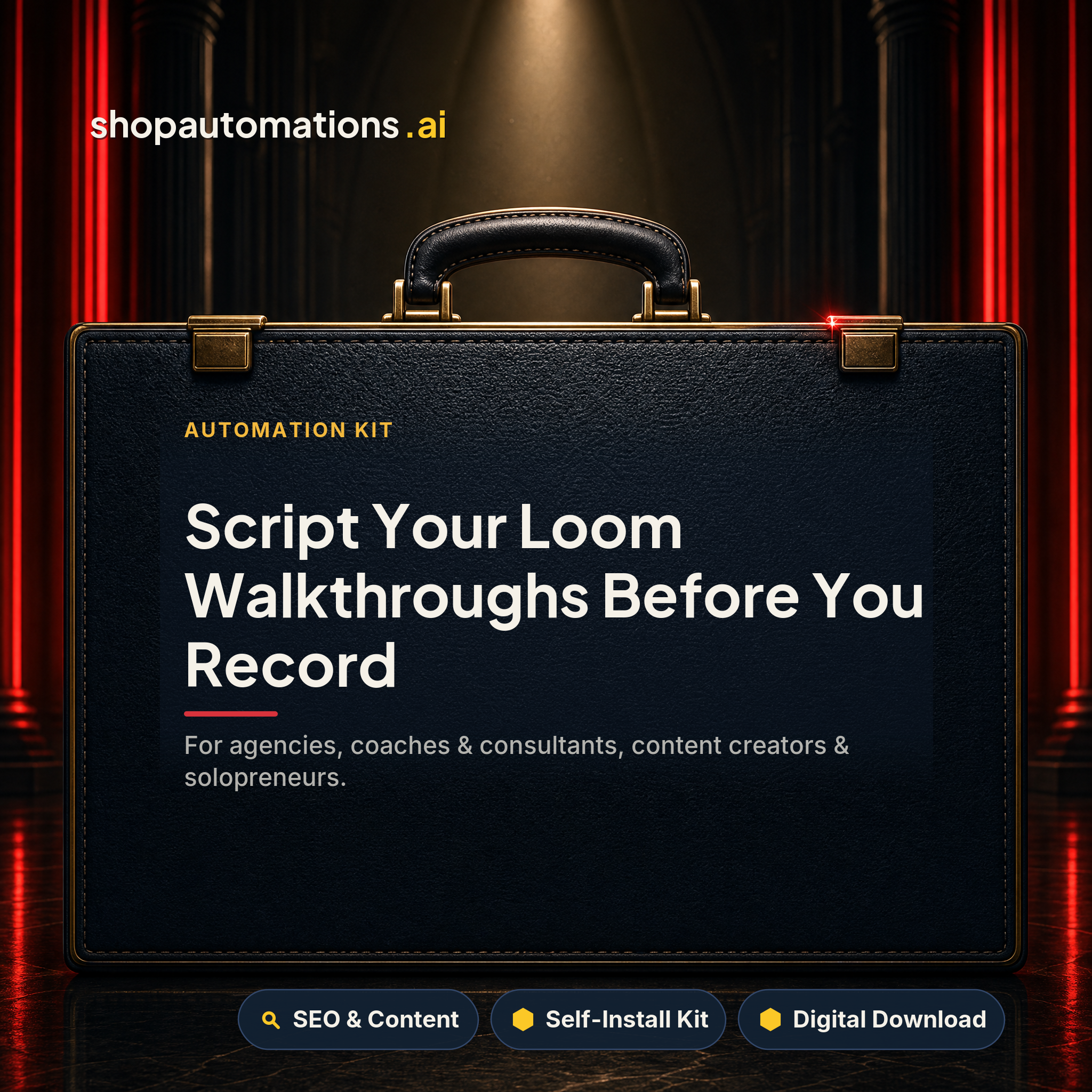 Script Your Loom Walkthroughs Before You Record. For agencies, coaches & consultants, content creators & solopreneurs. SEO & Content self-install kit card.