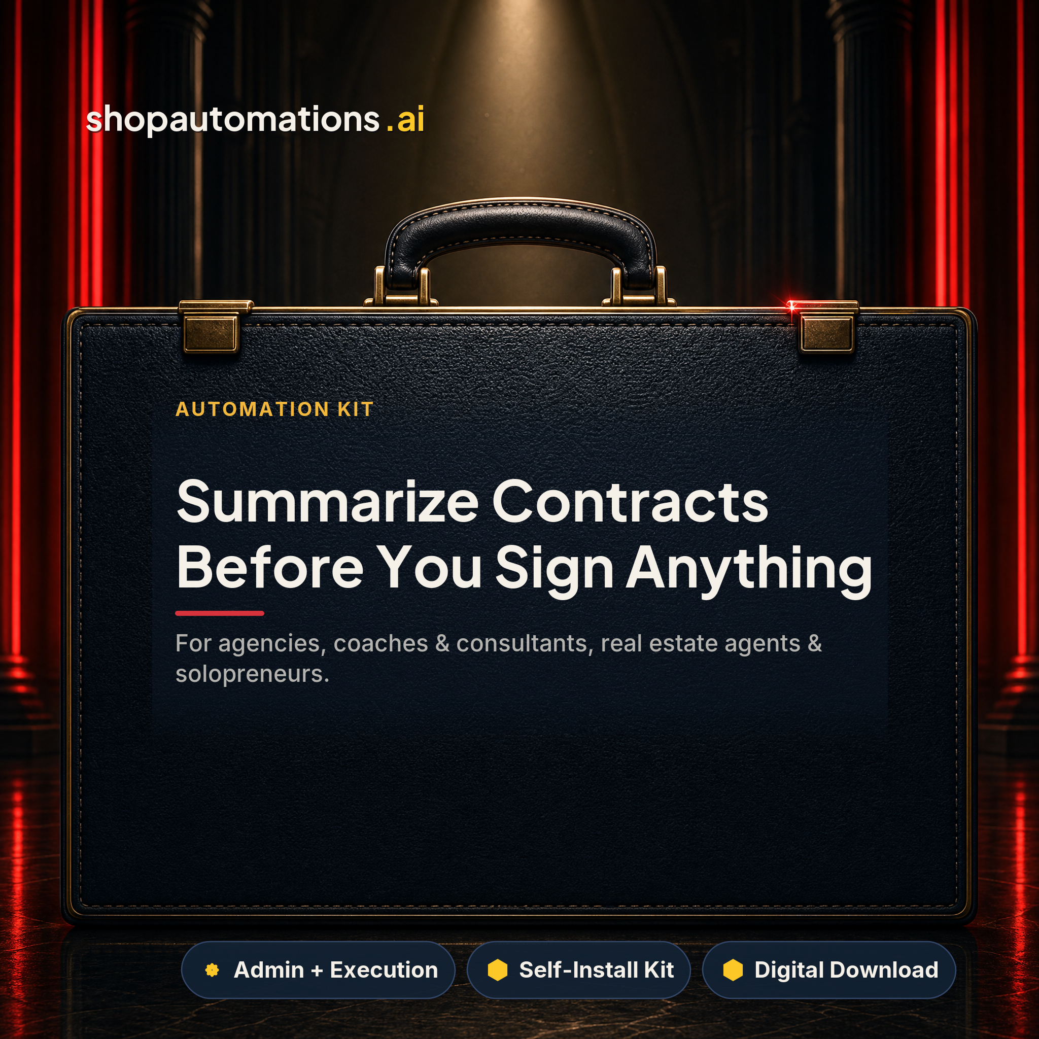 Summarize Contracts Before You Sign Anything. For agencies, coaches & consultants, real estate agents & solopreneurs. Admin + Execution self-install kit card.