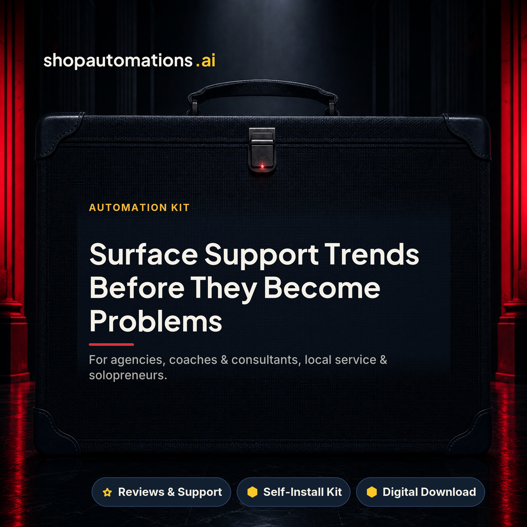 Surface Support Trends Before They Become Problems. For agencies, coaches & consultants, local service & solopreneurs. Reviews & Support self-install kit card.