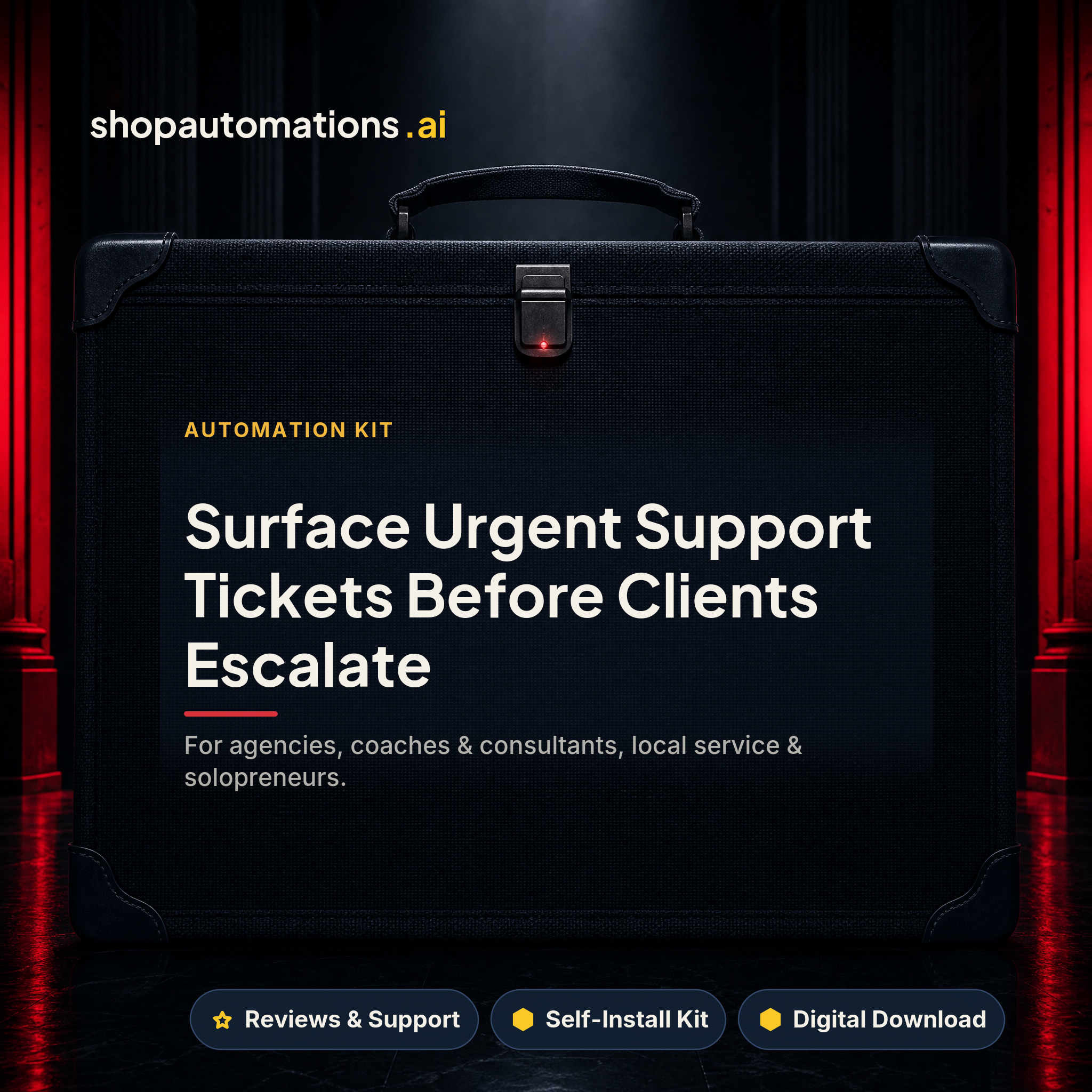 Surface Urgent Support Tickets Before Clients Escalate. For agencies, coaches & consultants, local service & solopreneurs. Reviews & Support self-install kit card.