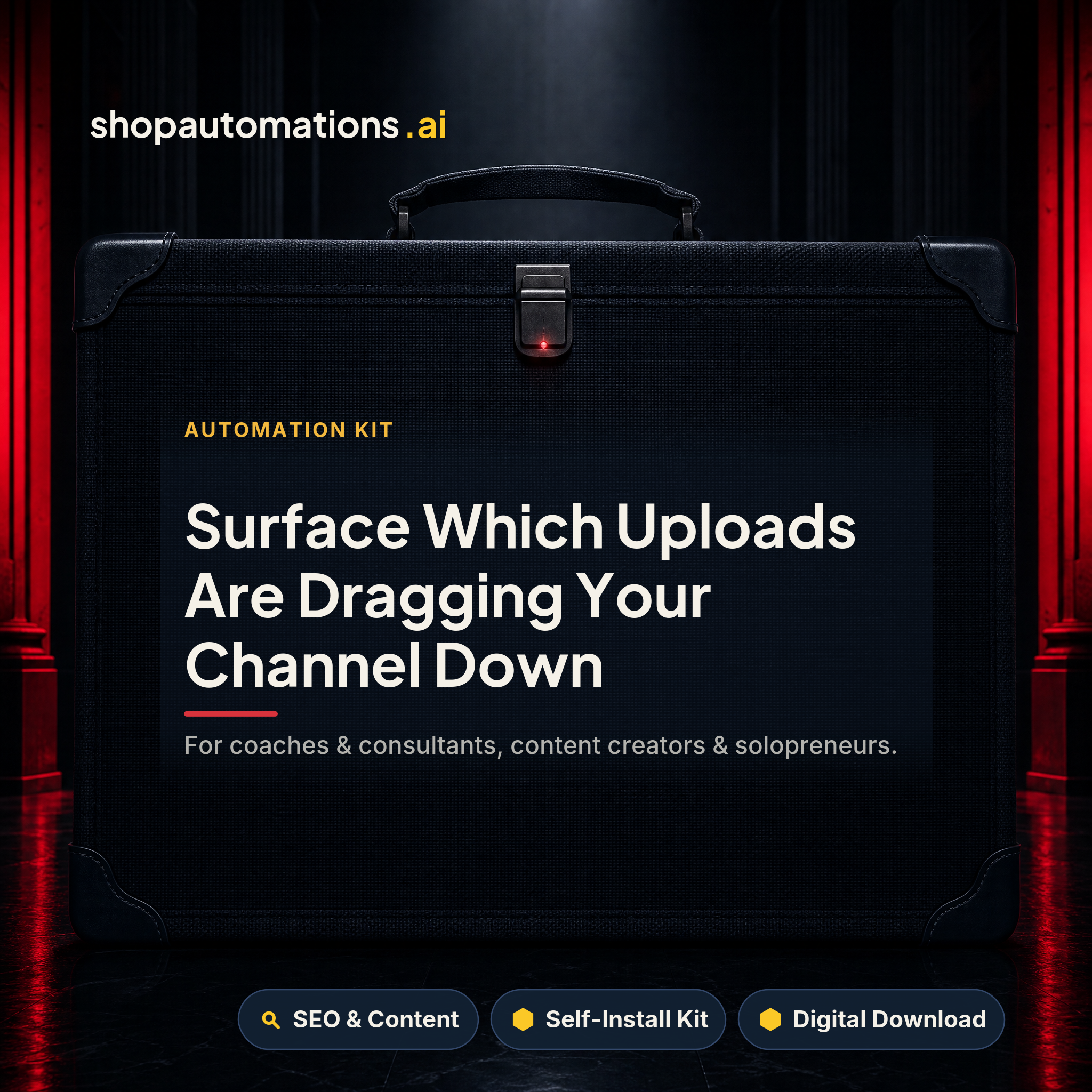 Surface Which Uploads Are Dragging Your Channel Down. For coaches & consultants, content creators & solopreneurs. SEO & Content self-install kit card.