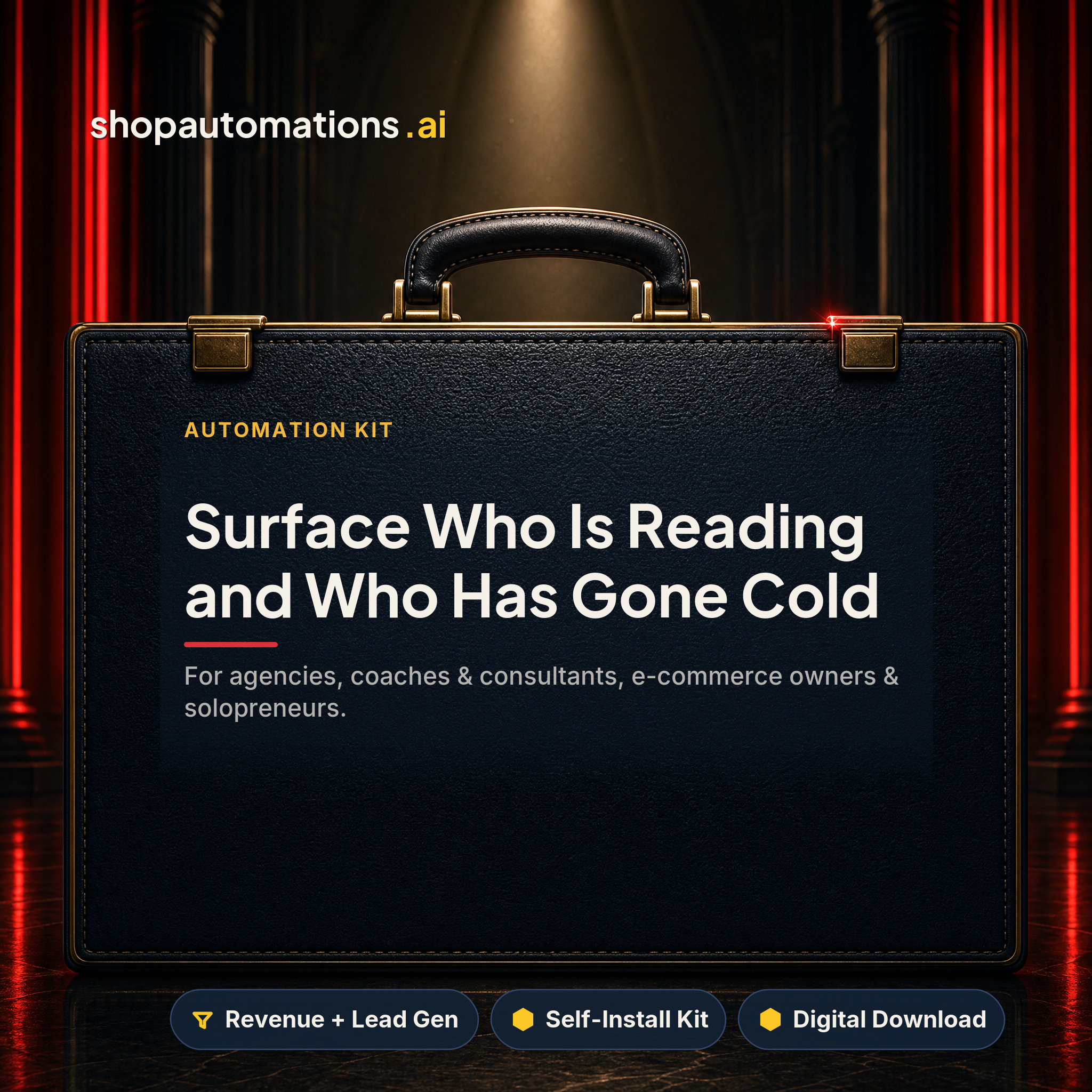 Surface Who Is Reading and Who Has Gone Cold. For agencies, coaches & consultants, e-commerce owners & solopreneurs. Revenue + Lead Gen self-install kit card.