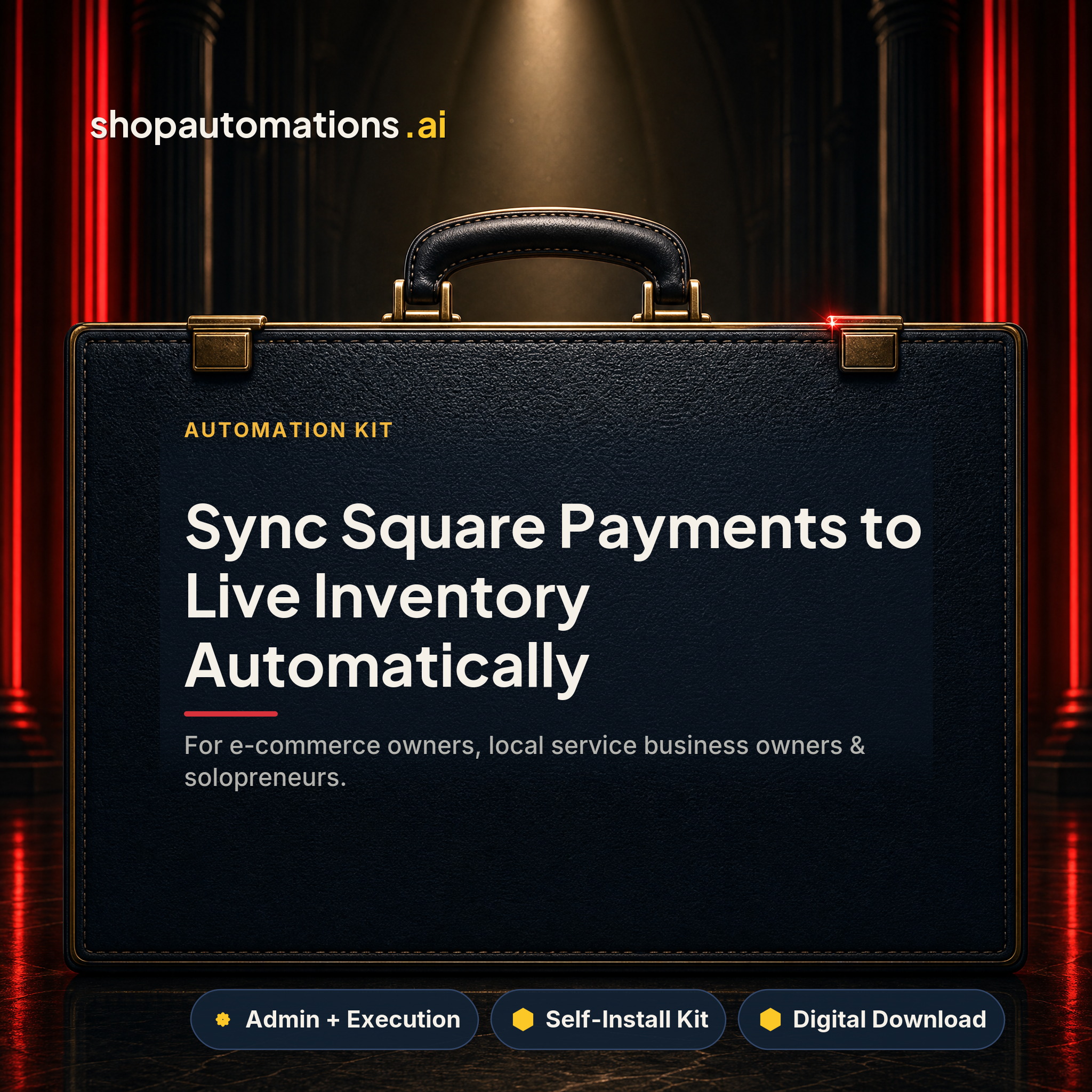 Sync Square Payments to Live Inventory Automatically. For e-commerce owners, local service business owners & solopreneurs. Admin + Execution self-install kit card.