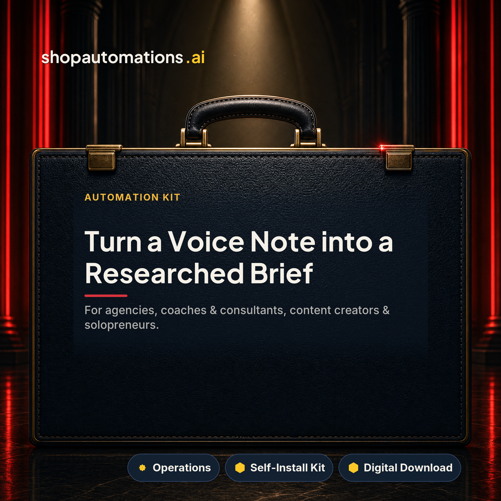 Turn a Voice Note into a Researched Brief. For agencies, coaches & consultants, content creators & solopreneurs. Operations self-install kit card.