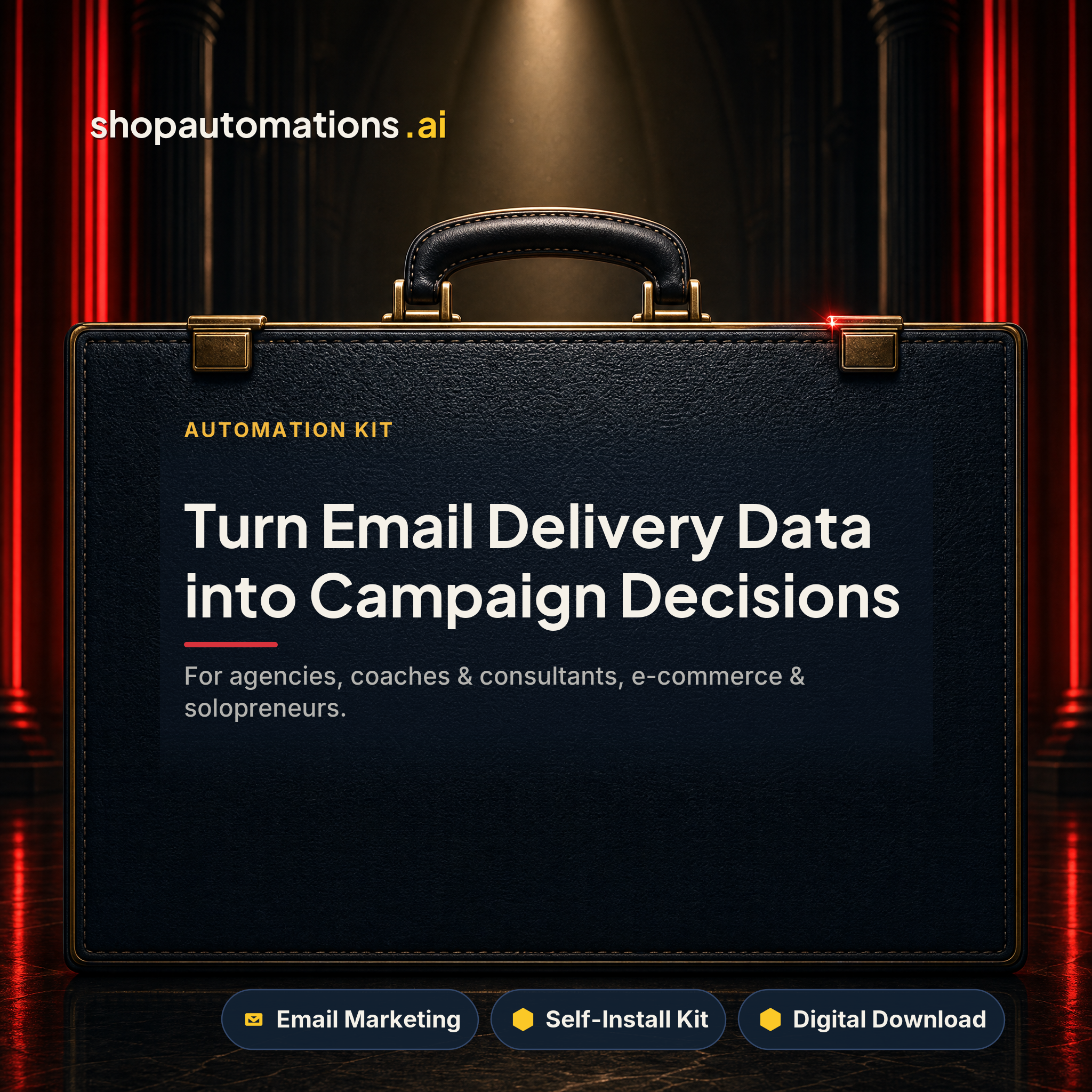 Turn Email Delivery Data into Campaign Decisions. For agencies, coaches & consultants, e-commerce & solopreneurs. Email Marketing self-install kit card.