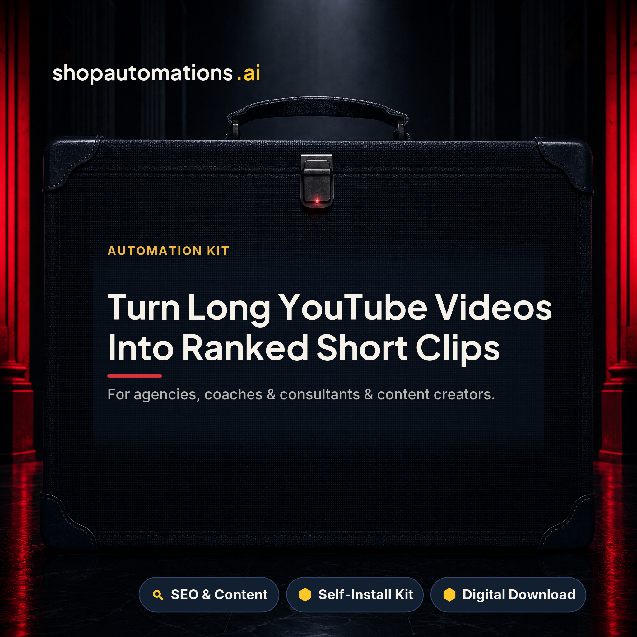 Turn Long YouTube Videos Into Ranked Short Clips. For agencies, coaches & consultants & content creators. SEO & Content self-install kit card.
