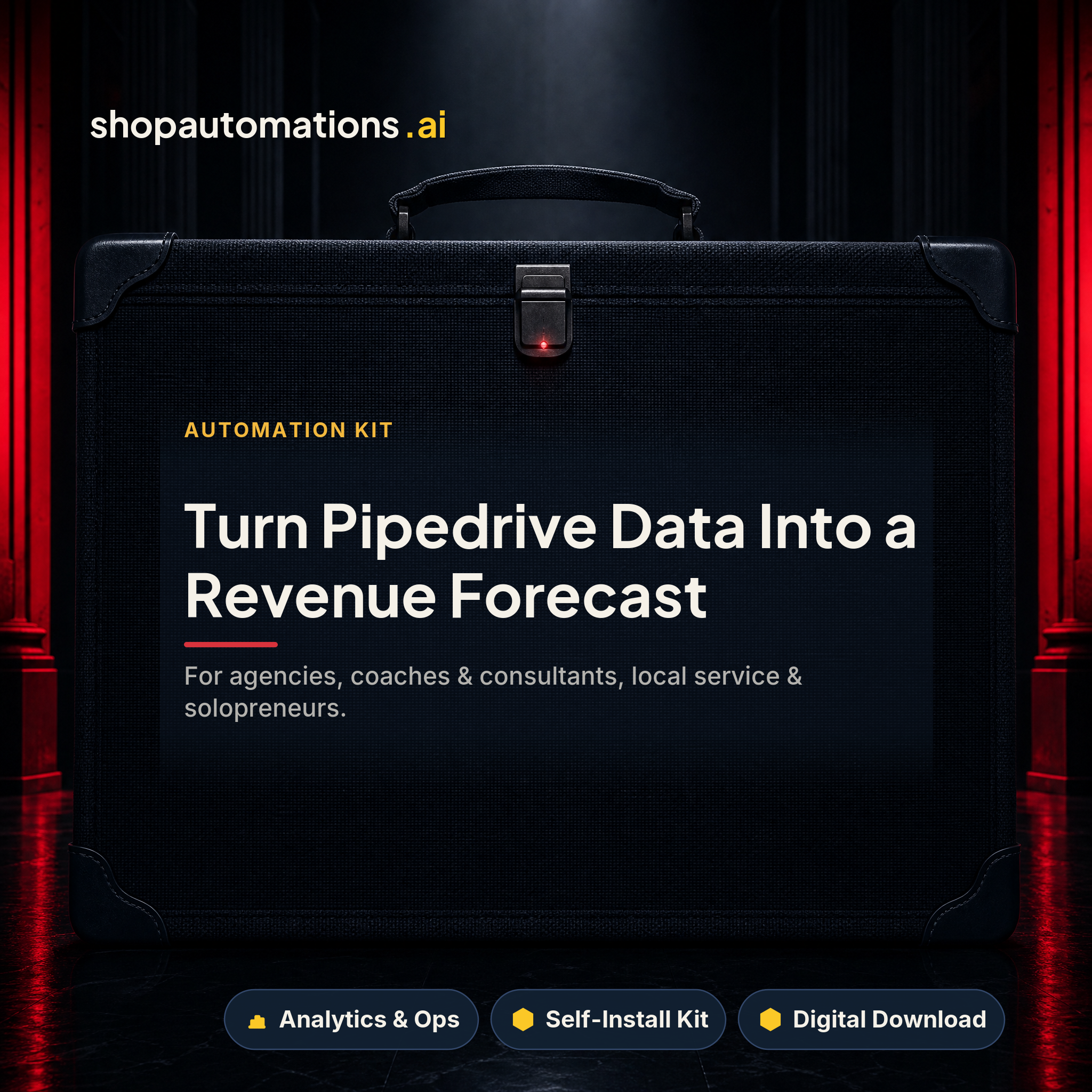 Turn Pipedrive Data Into a Revenue Forecast. For agencies, coaches & consultants, local service & solopreneurs. Analytics & Ops self-install kit card.
