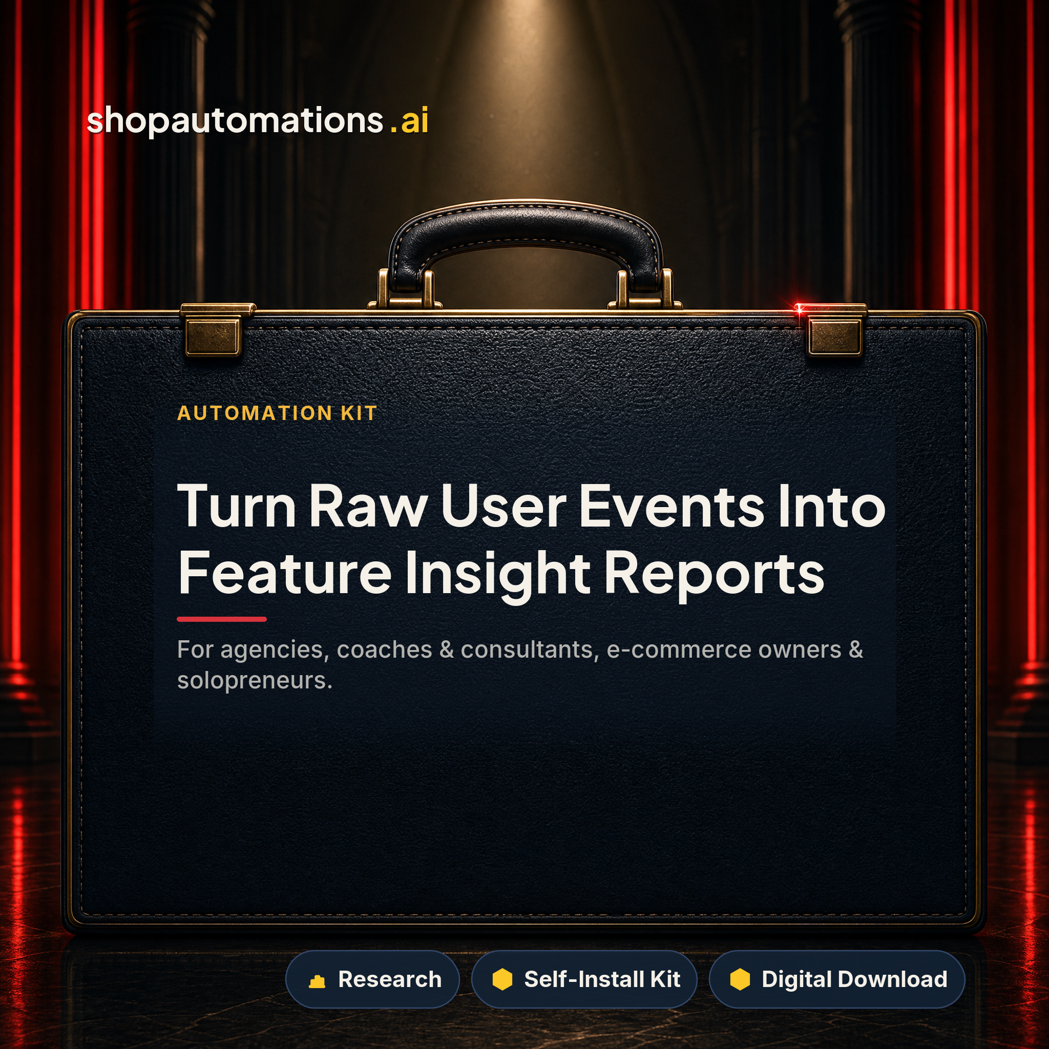 Turn Raw User Events Into Feature Insight Reports. For agencies, coaches & consultants, e-commerce owners & solopreneurs. Research self-install kit card.