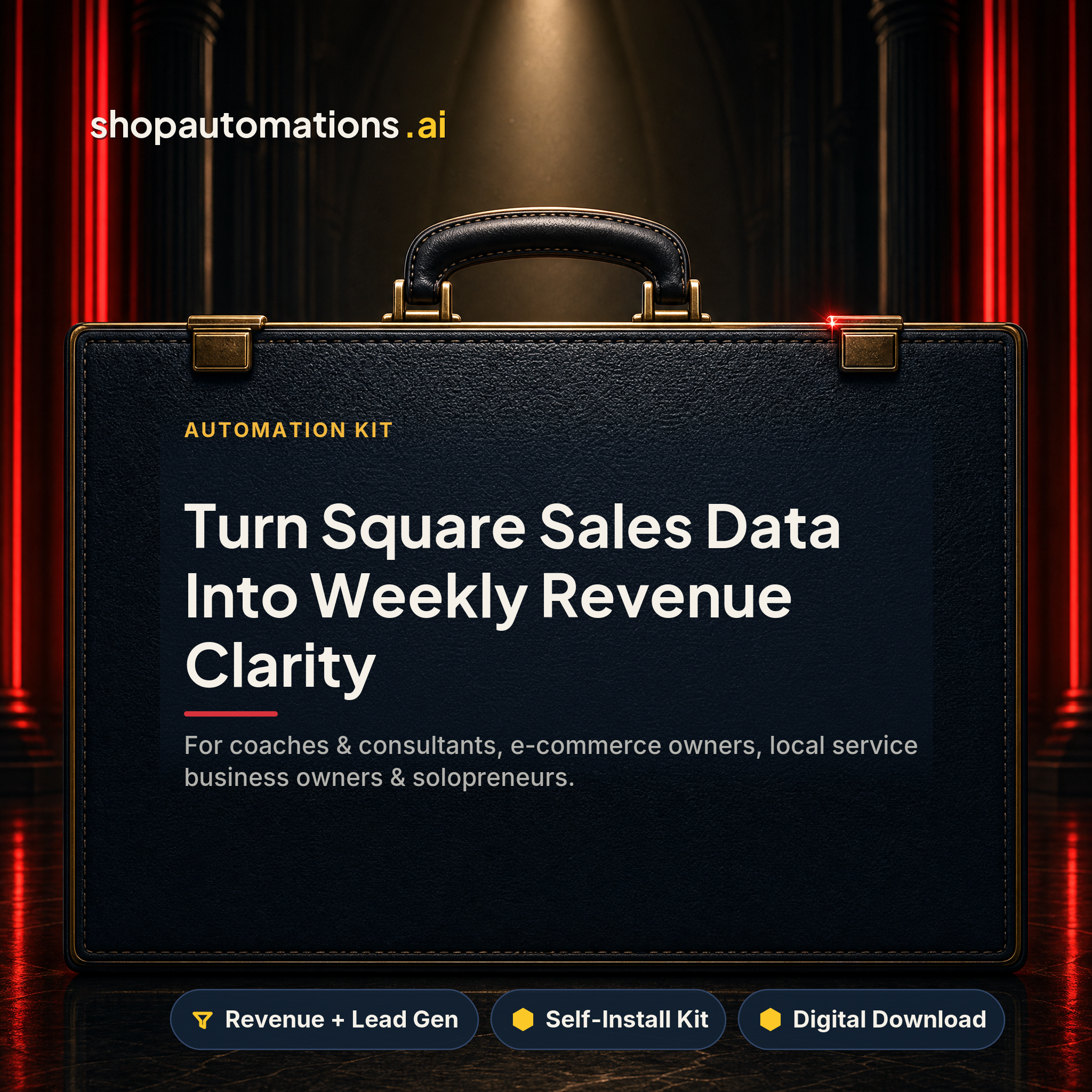 Turn Square Sales Data Into Weekly Revenue Clarity. For coaches & consultants, e-commerce owners, local service business owners & solopreneurs. Revenue + Lead Gen self-install kit card.