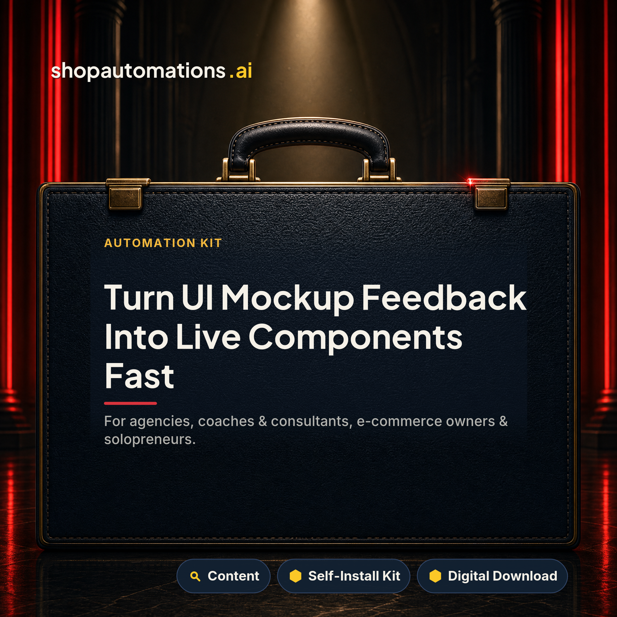 Turn UI Mockup Feedback Into Live Components Fast. For agencies, coaches & consultants, e-commerce owners & solopreneurs. Content self-install kit card.