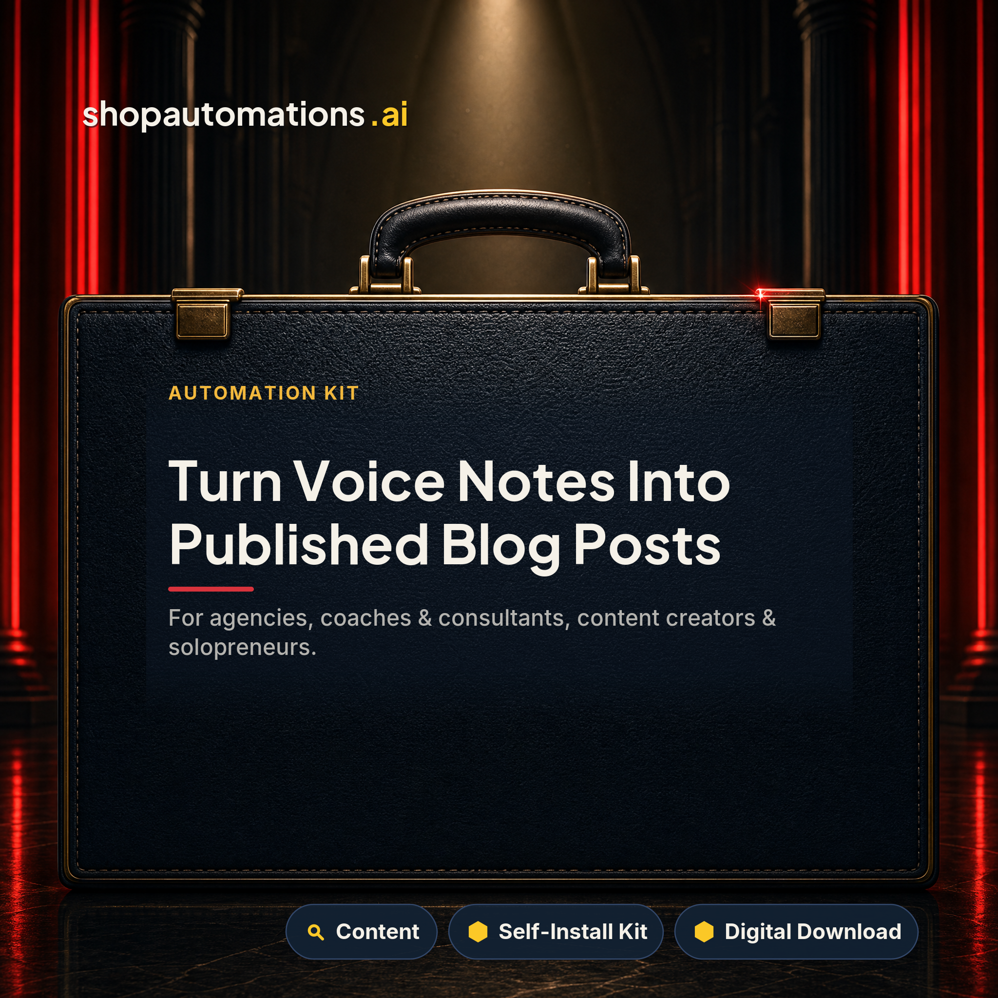 Turn Voice Notes Into Published Blog Posts. For agencies, coaches & consultants, content creators & solopreneurs. Content self-install kit card.