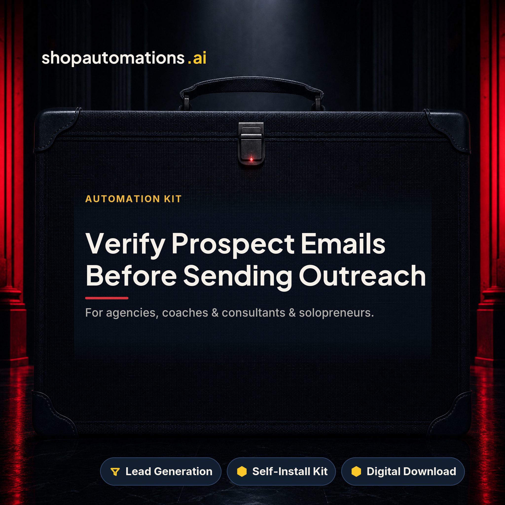 Verify Prospect Emails Before Sending Outreach. For agencies, coaches & consultants & solopreneurs. Lead Generation self-install kit card.